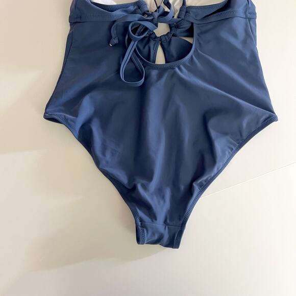 [Sociala] Blue One Piece Cutout O-Ring Tie Back Swimsuit V-Neck Size Large L - Picture 9 of 10
